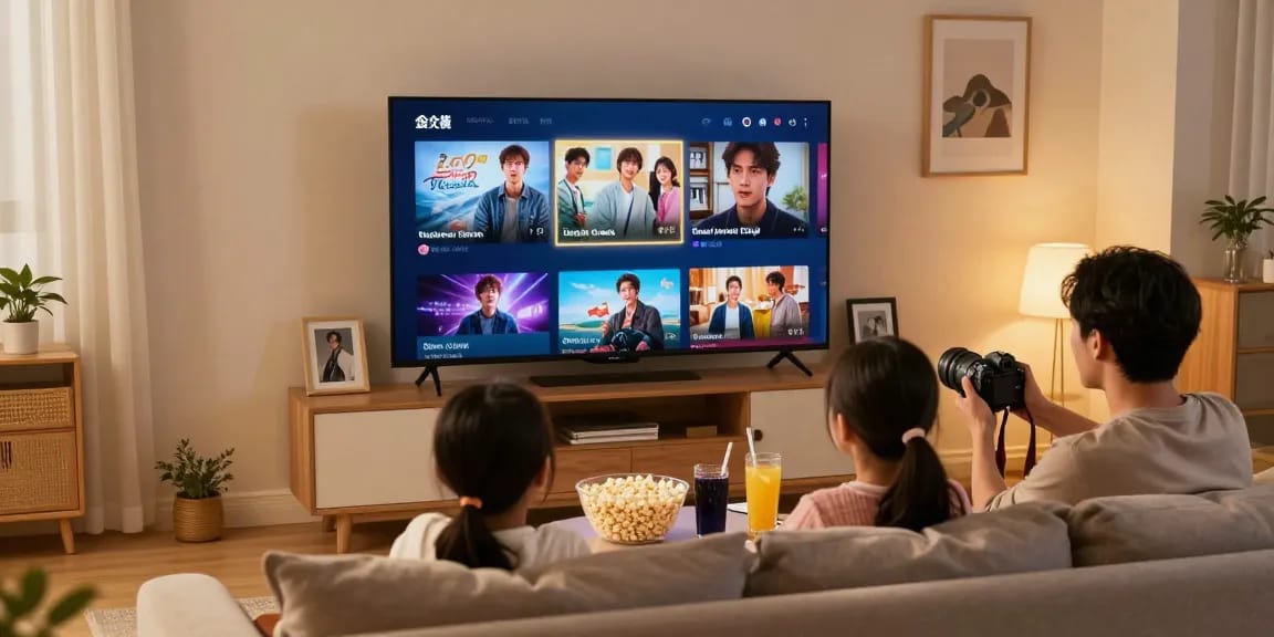 La télécommande Iron tv et une famille profitant d'une soirée cinéma à la maison.