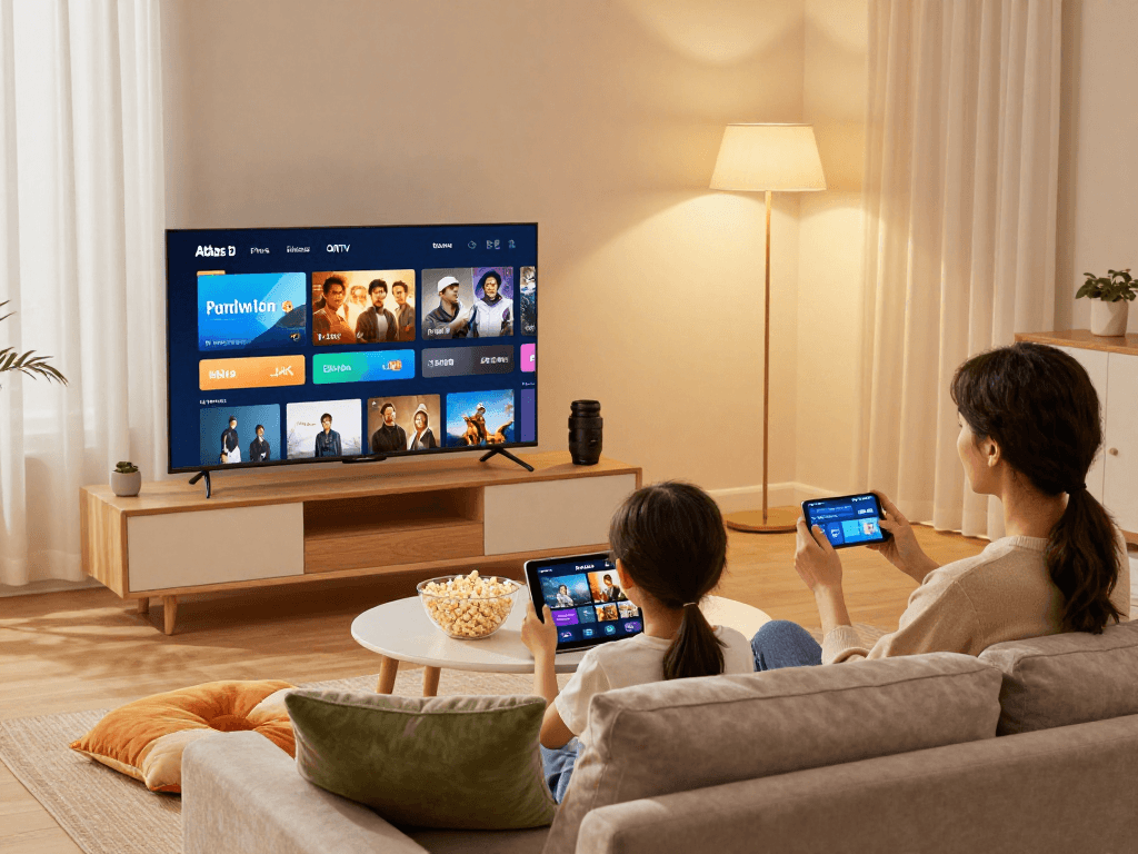 Visuel de famille profiant d'Atlas Pro ONTV en streaming sur divers appareils dans un salon accueillant.
