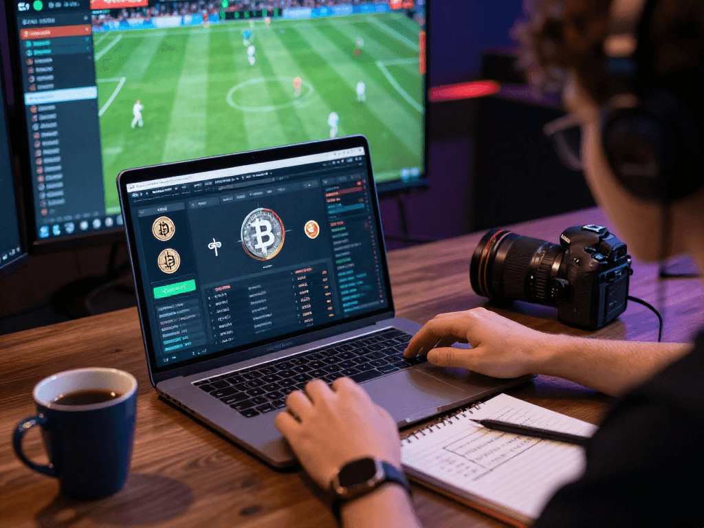 Un utilisateur analysant des paris sportif crypto sur un ordinateur avec des logos de cryptomonnaies.