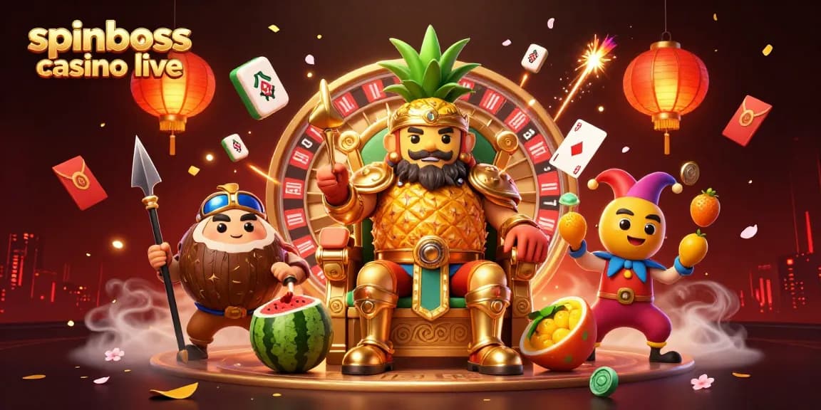 Vivez l'expérience du spinboss casino live avec le roi ananas et des croupiers en action.