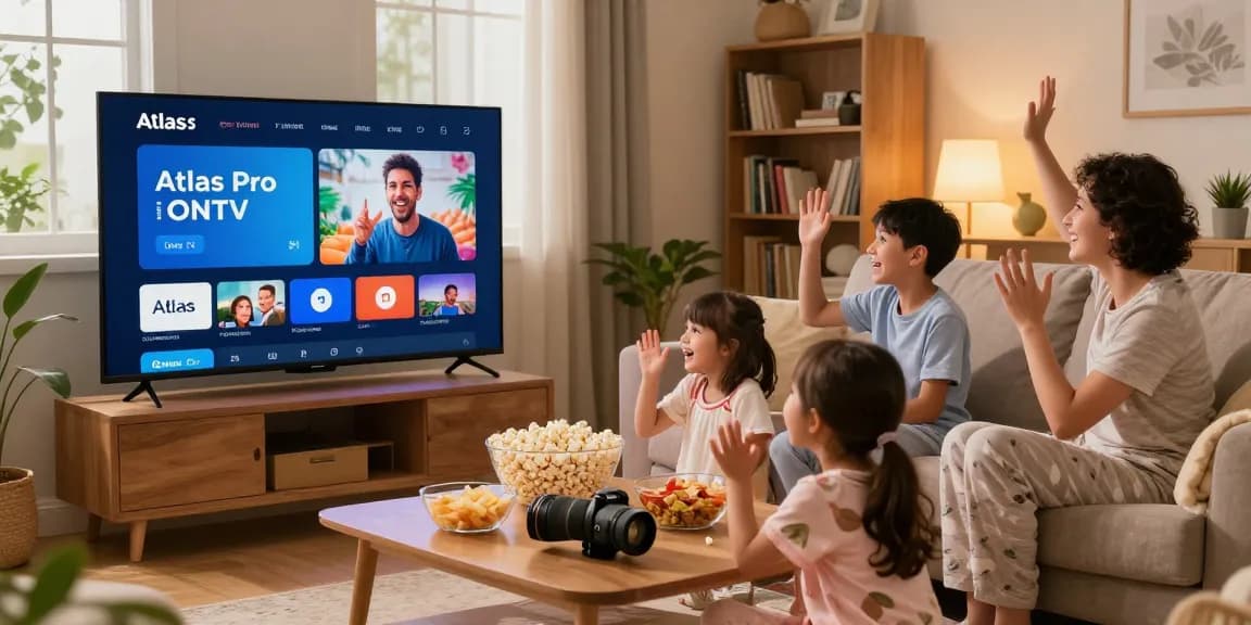 Famille profitant de l'application Atlas Pro pour une soirée cinéma à domicile, ambiance chaleureuse et conviviale.