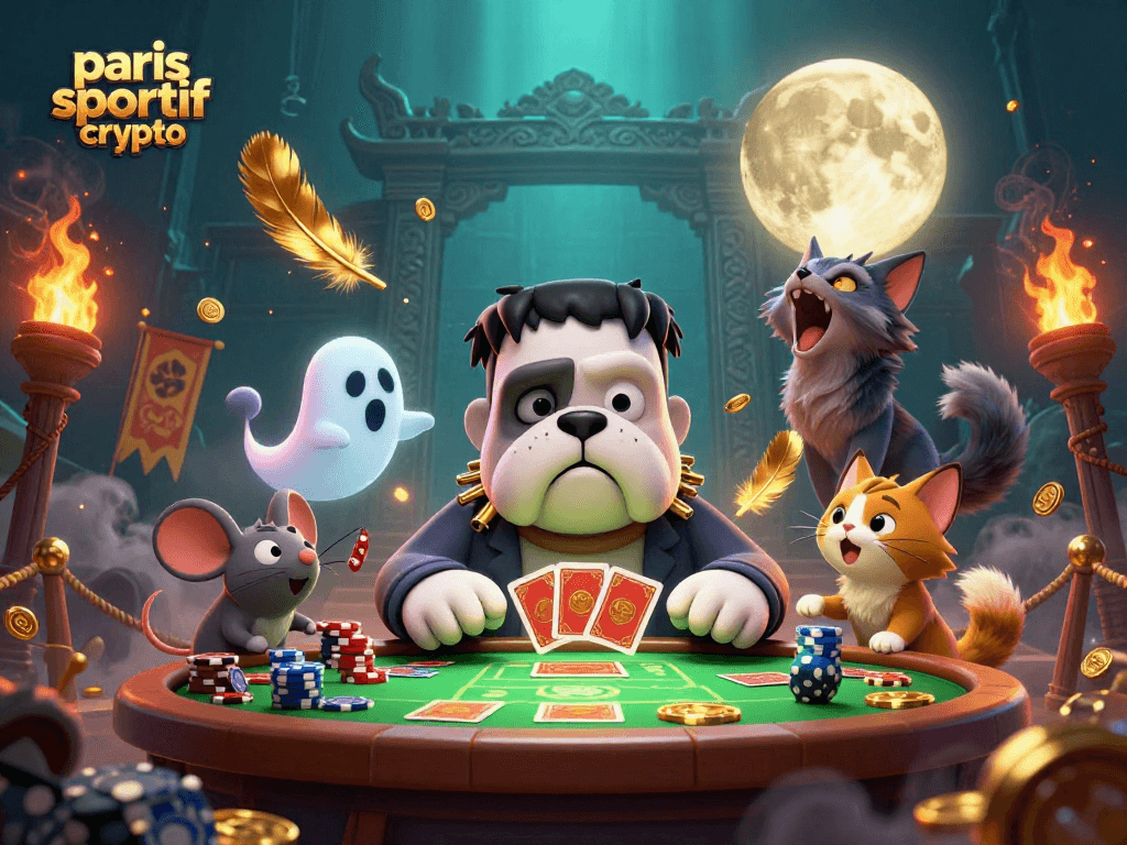 Jouez aux paris sportif crypto avec un bulldog Frankenstein cartoon à une table de poker illuminée.