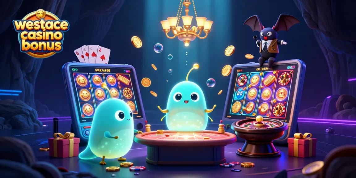 Explorez le bonus WestAce casino avec une illustration unique d'une équipe de lucioles animant un casino souterrain.